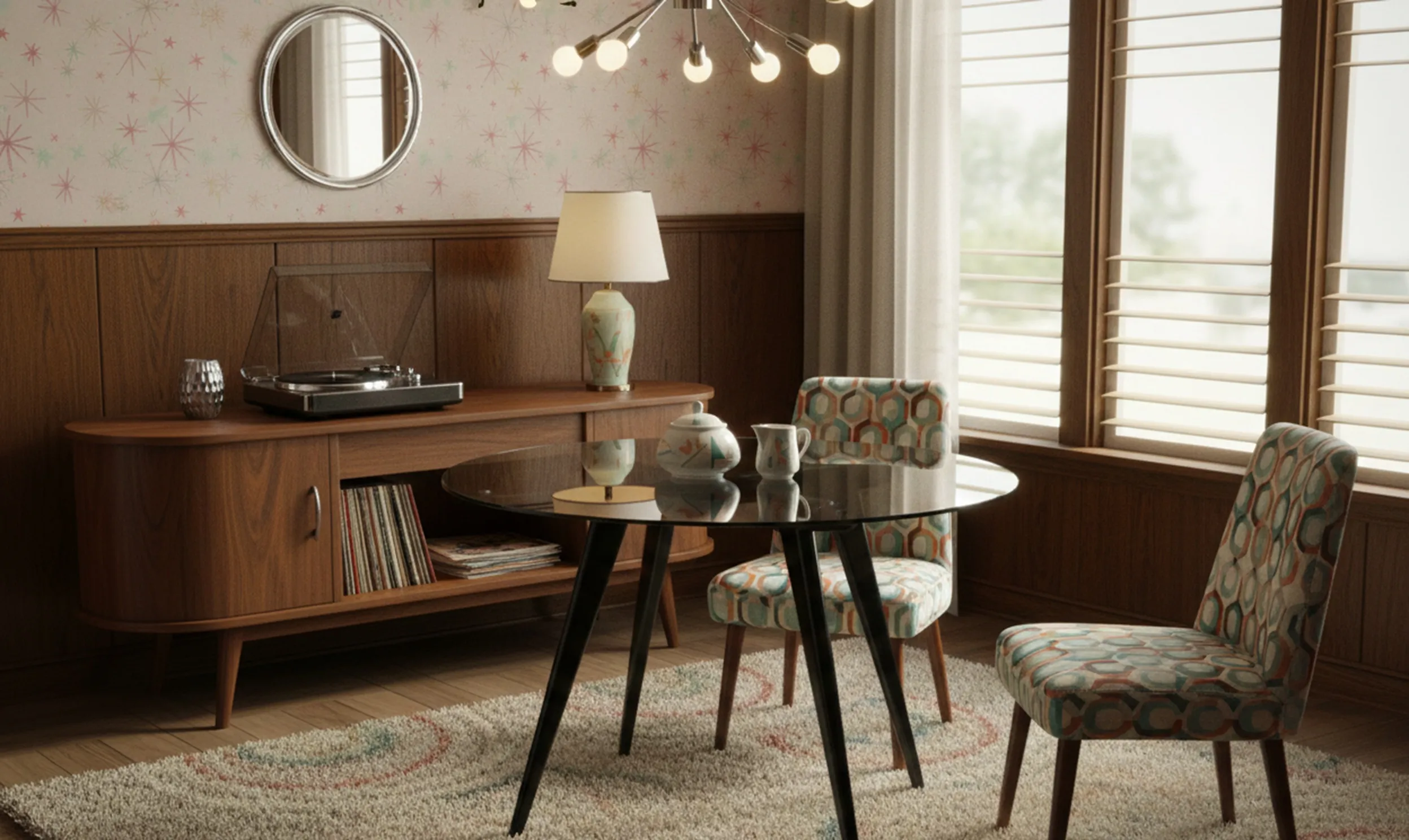 antique dining table with colorful chairs in cozy setting
