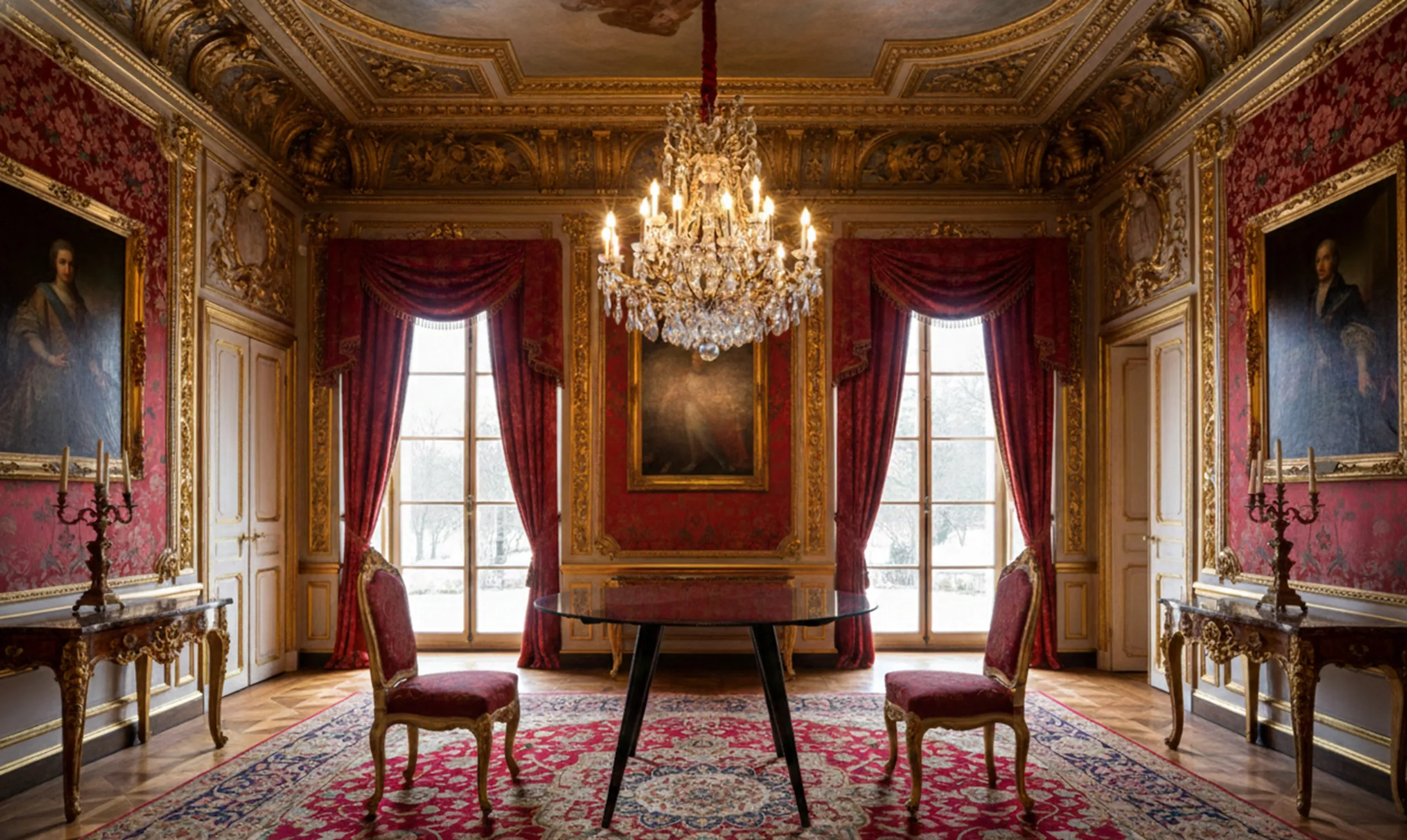 Antiker Esstisch für 4 Personen in elegantem Ambiente mit roten Stühlen und Kronleuchter.