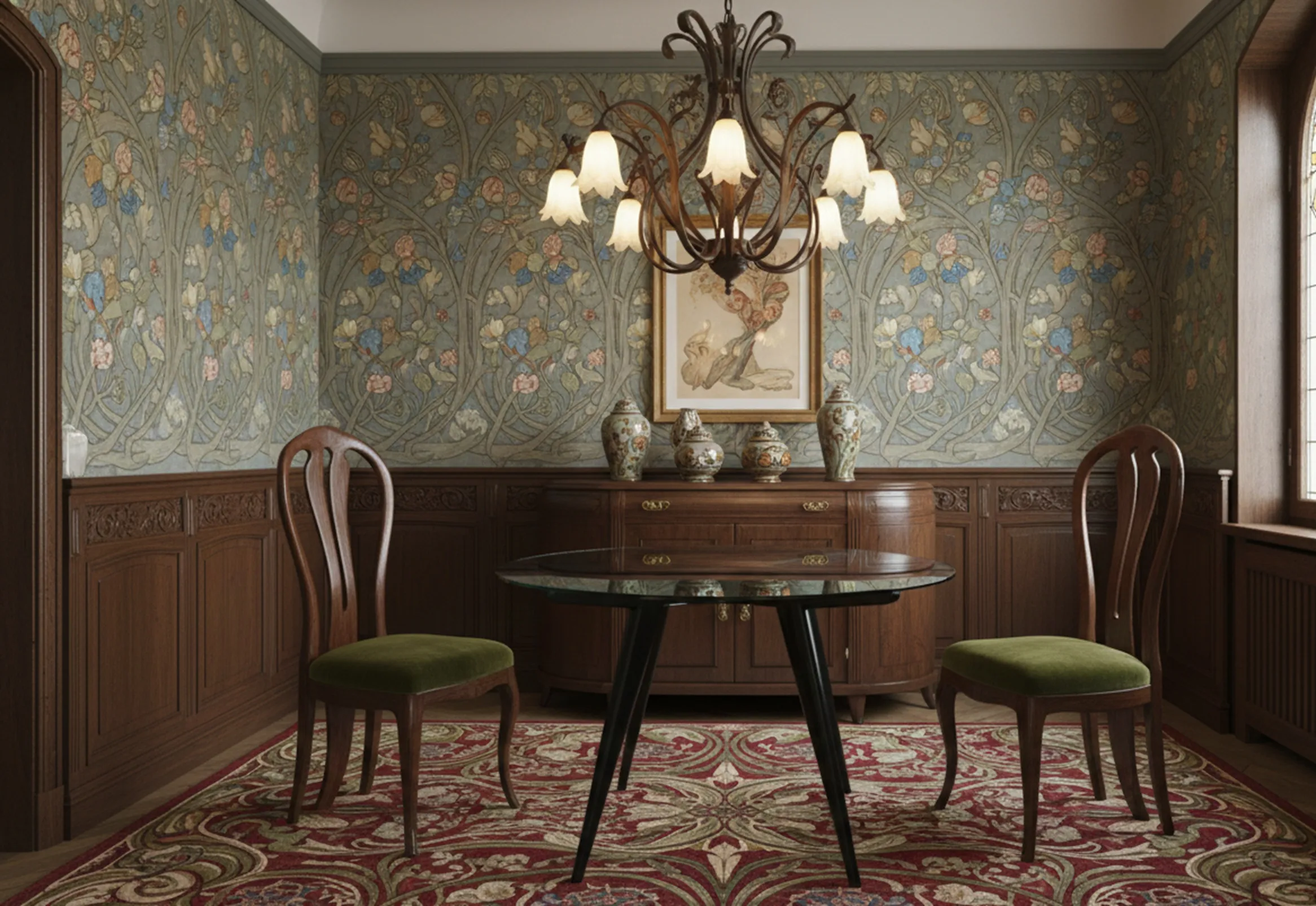 Antiker Glastisch mit grünen Stühlen in einem vintage Ambiente.