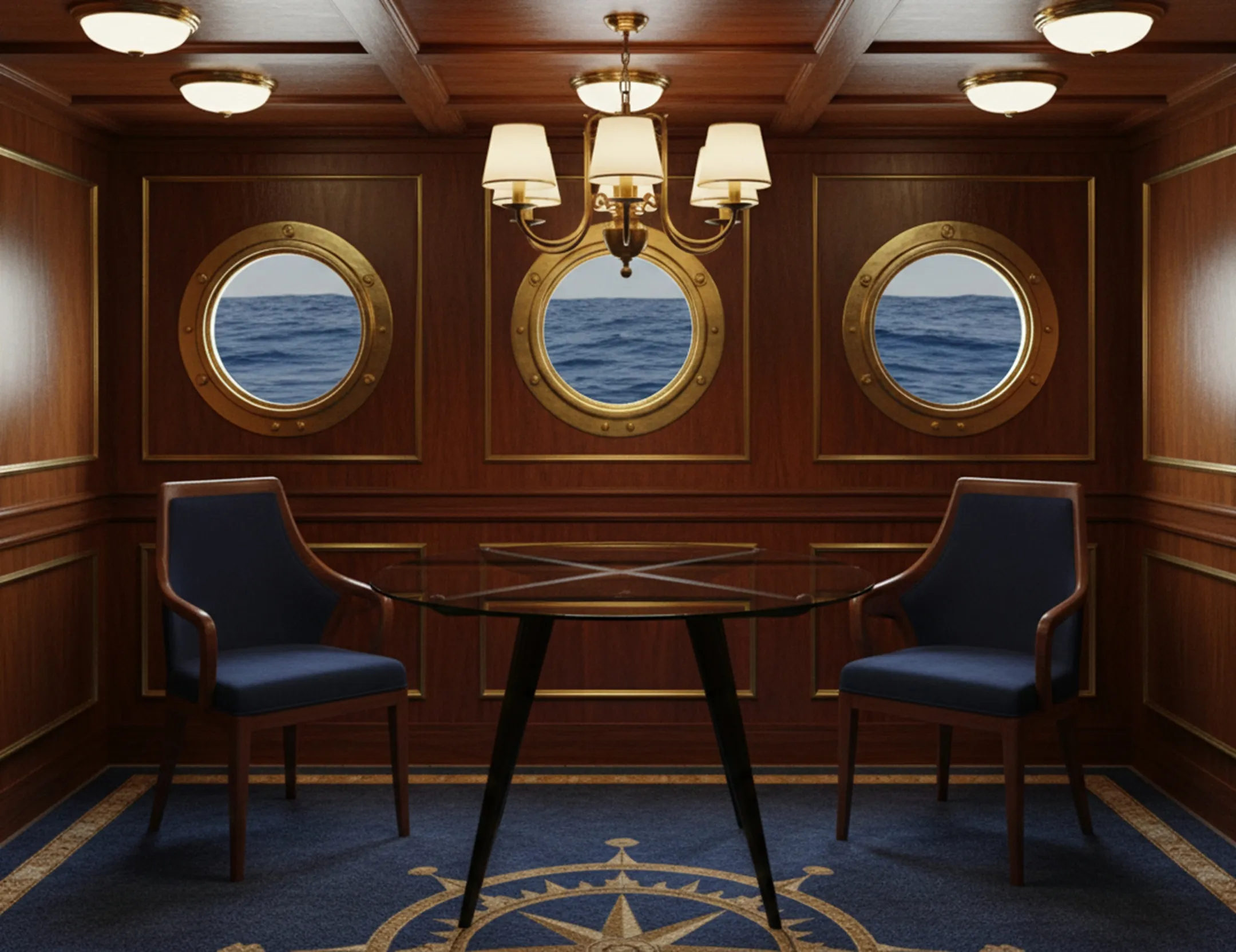 Mesa de comedor antigua para cuatro personas, ambiente náutico con ventanales