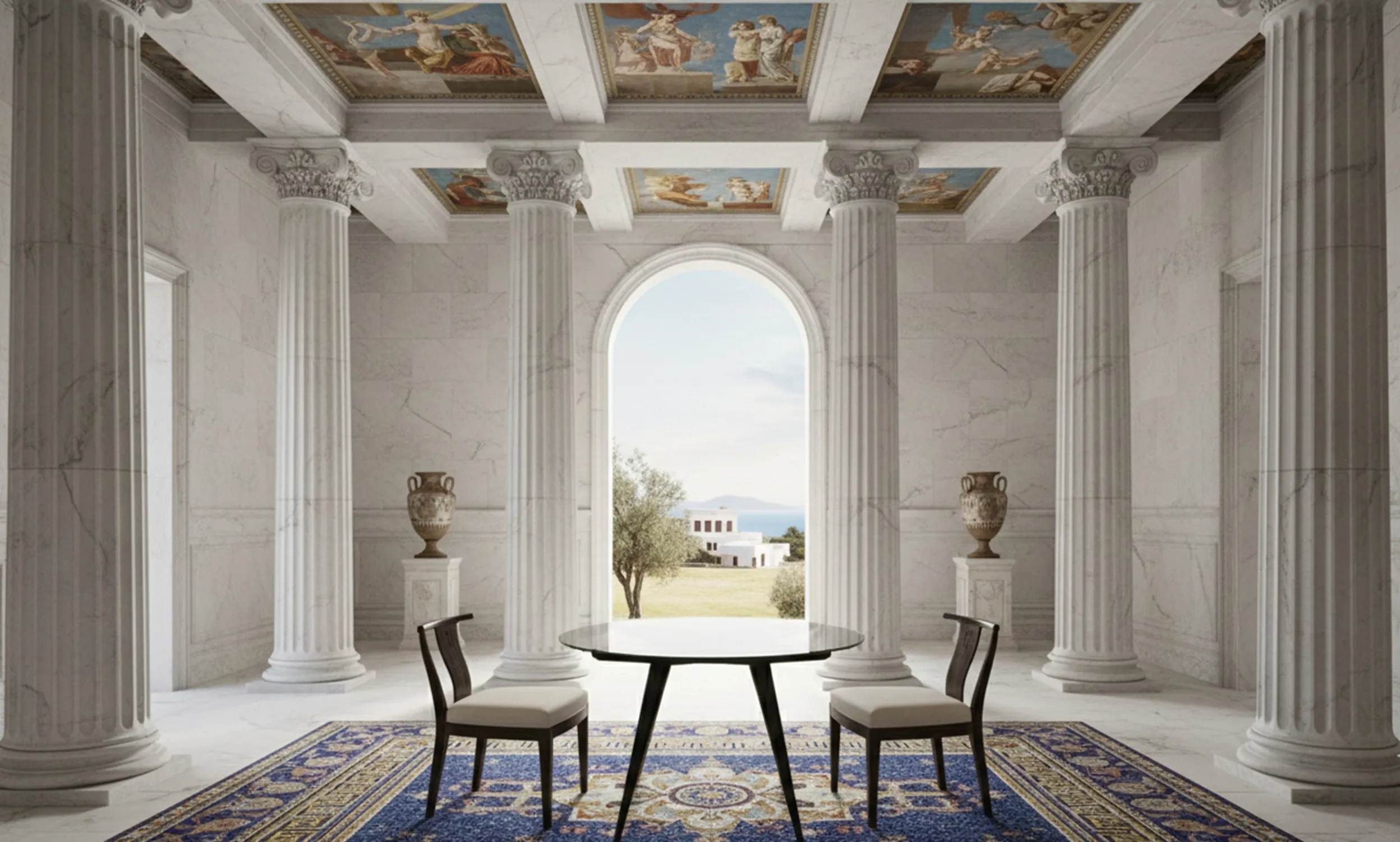 Mesa de comedor antigua para 4 personas en ambiente elegante.