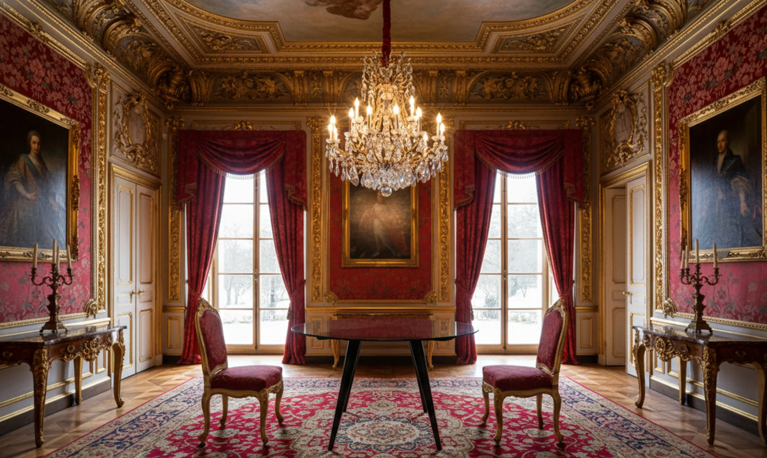 Antique dining table for 4 people in an elegant decorated room.