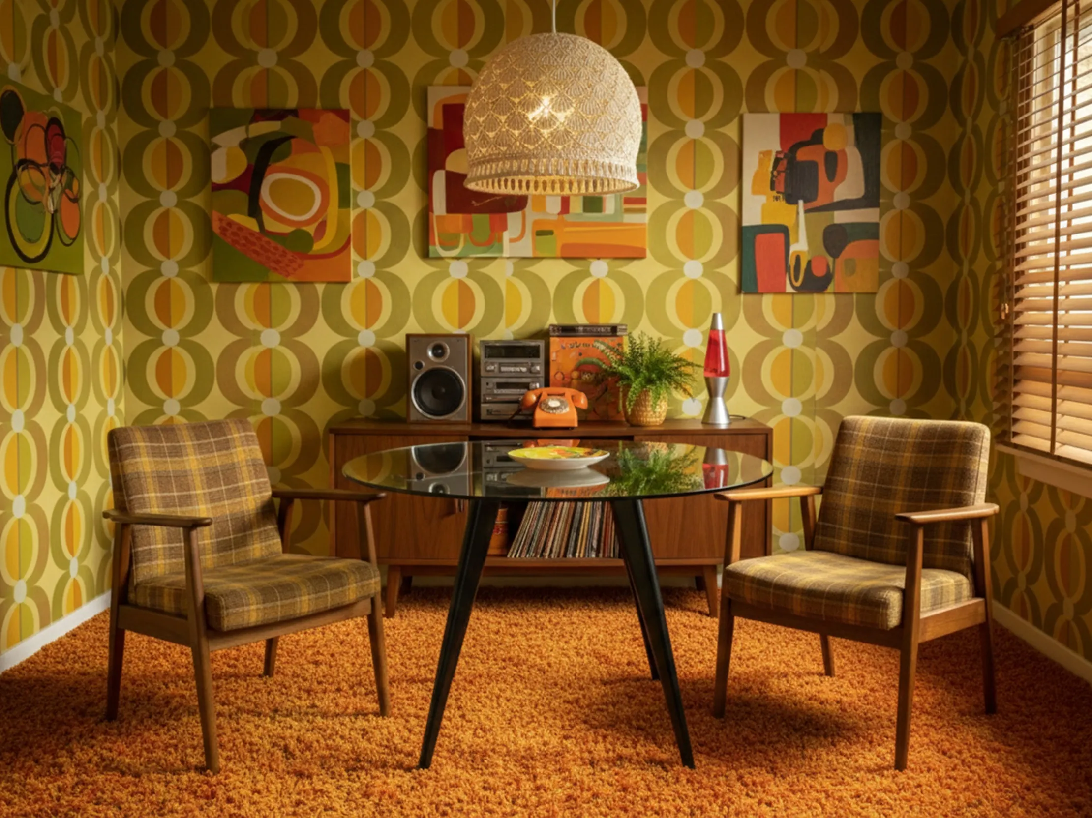 4人用の古いダイニングテーブルと椅子を持つレトロな設定。