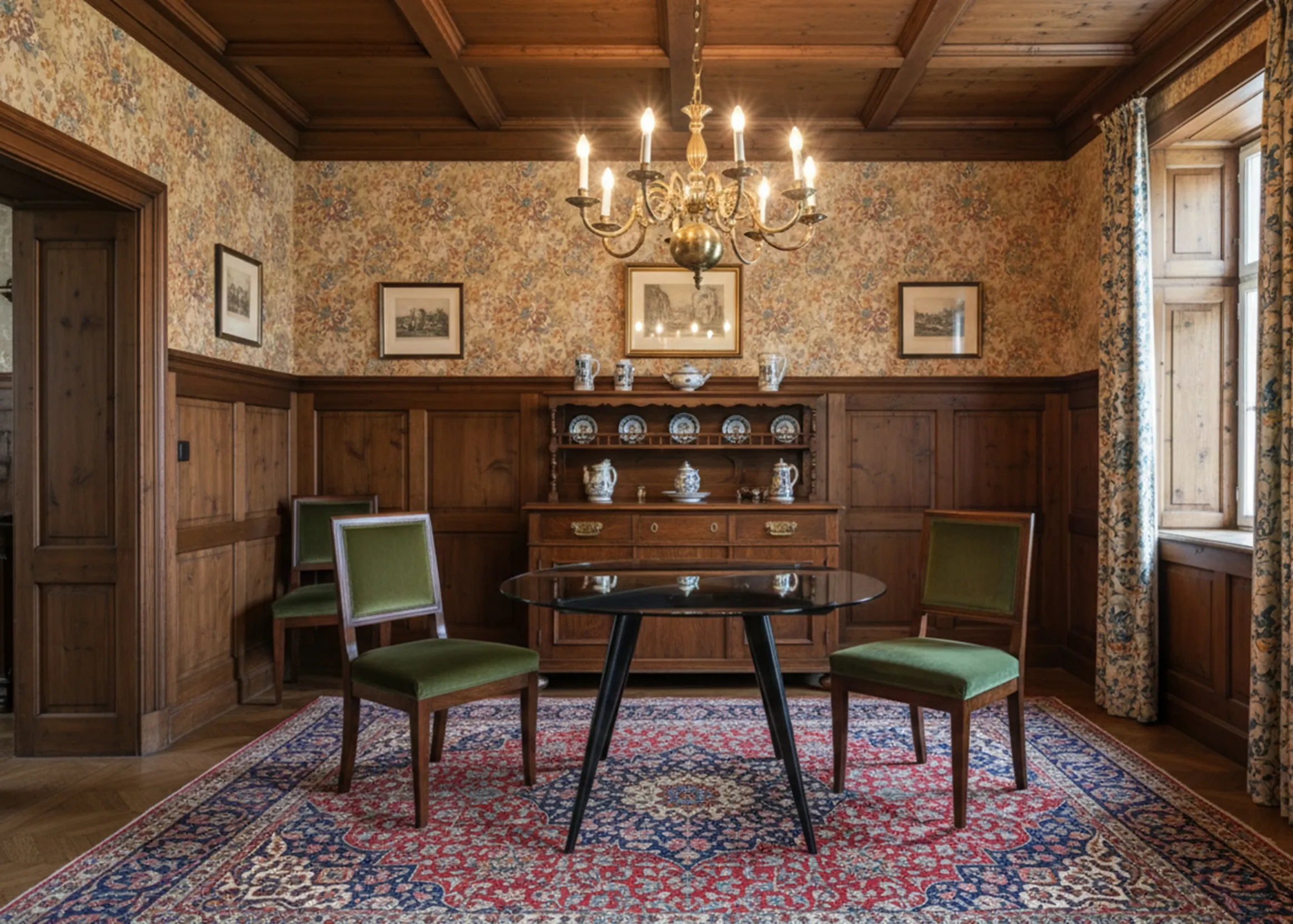 Antique dining table for four people in a cozy setting with green chairs and a colorful rug.
