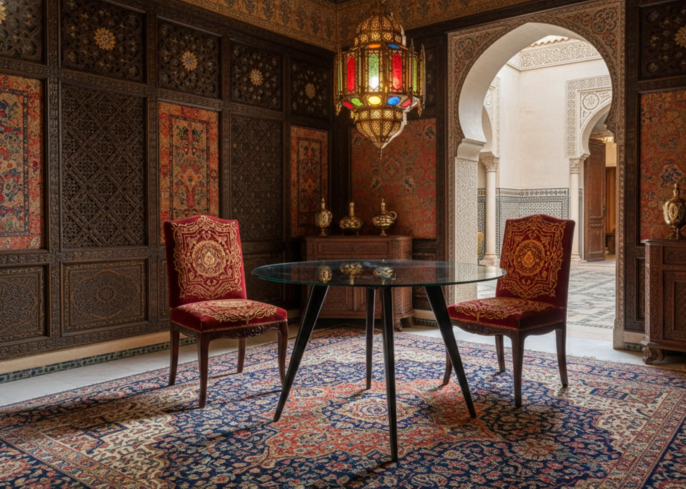 mesa de jantar antiga com cadeiras vermelhas em um ambiente elegante