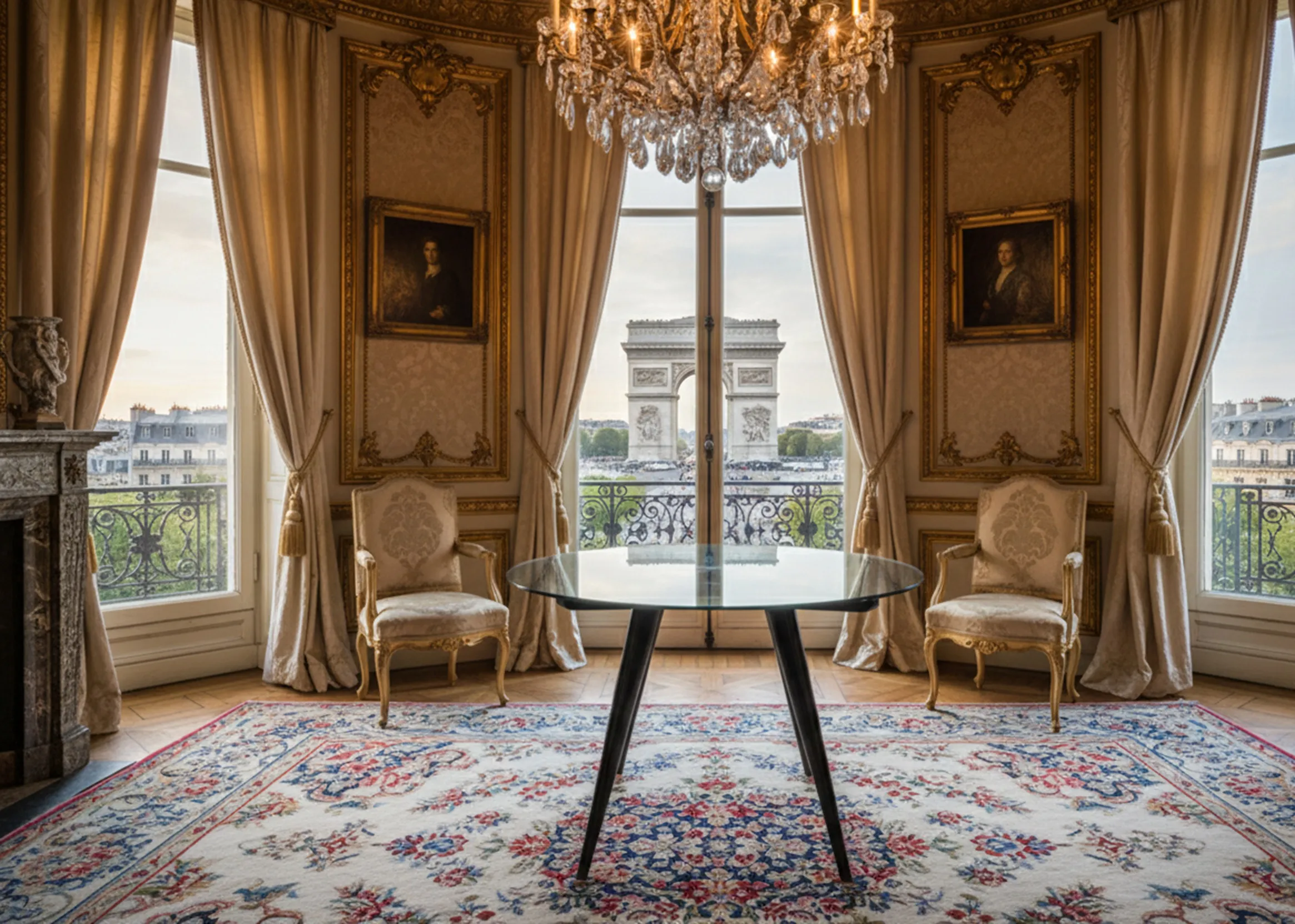 Mesa de comedor antigua para 4 personas en un elegante ambiente con cortinas y estilo clásico