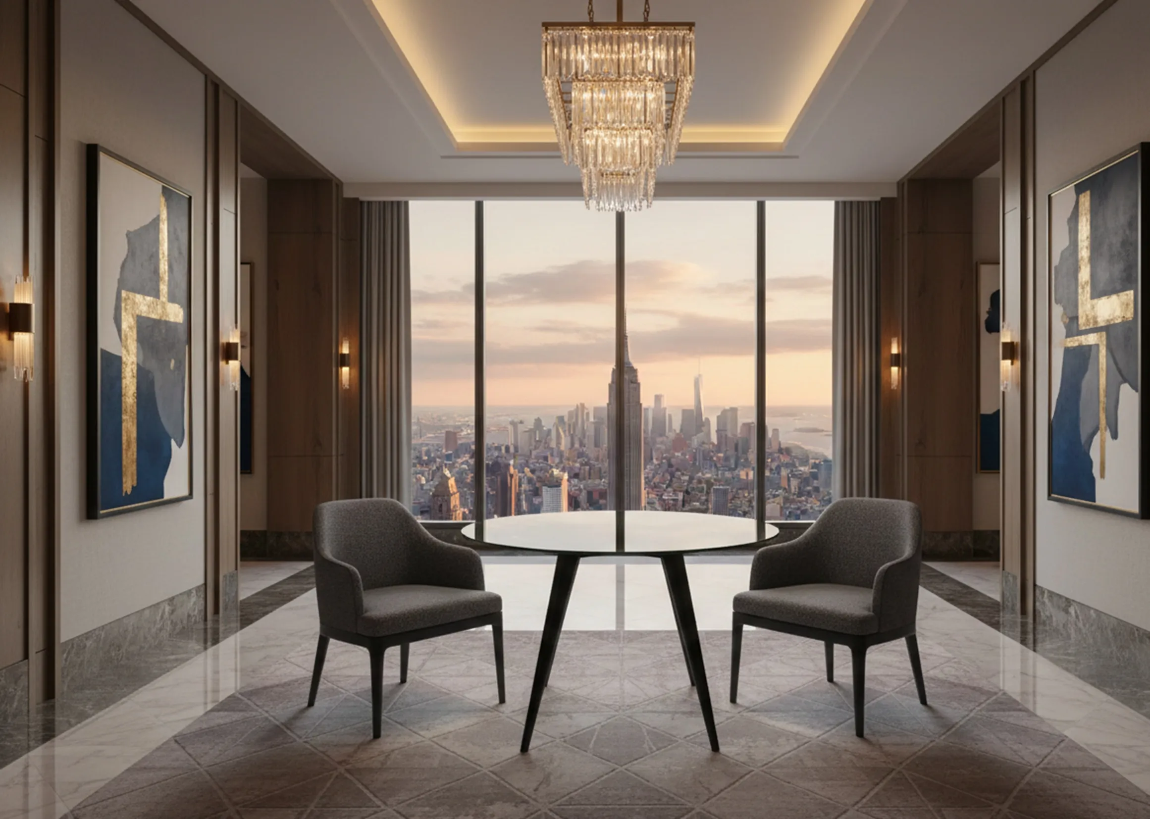 Mesa de jantar antiga para quatro pessoas em um ambiente elegante com vista urbana.