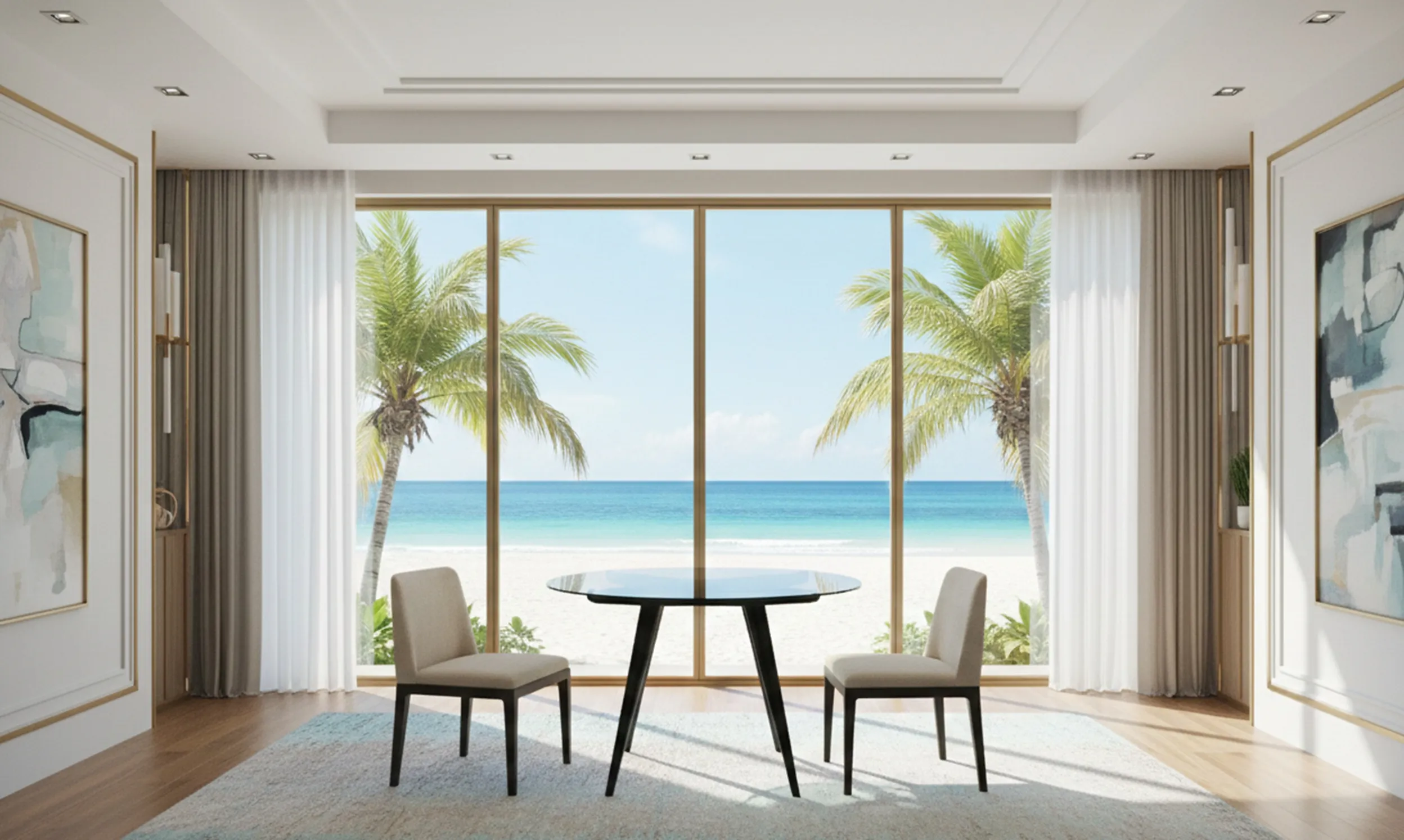 Mesa de jantar antiga com vista para o mar e palmeiras