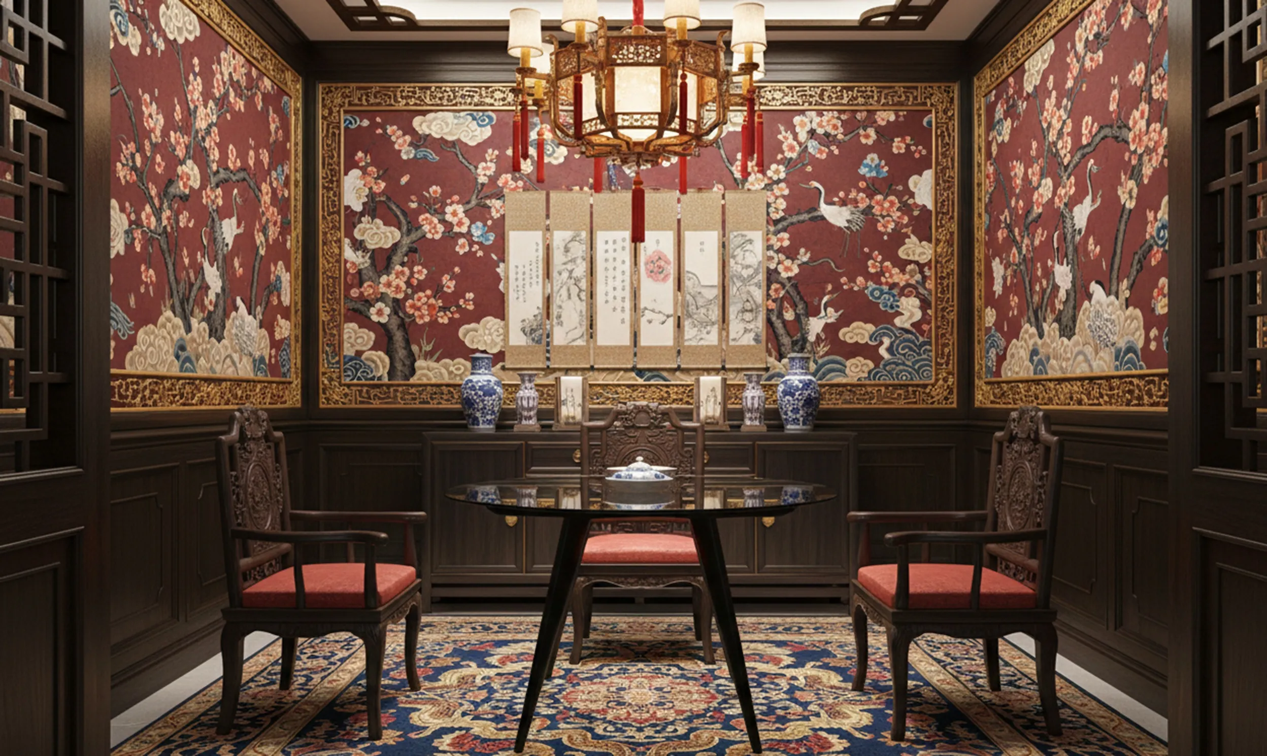 Античный обеденный стол на 4 человека в декоративной обстановке.