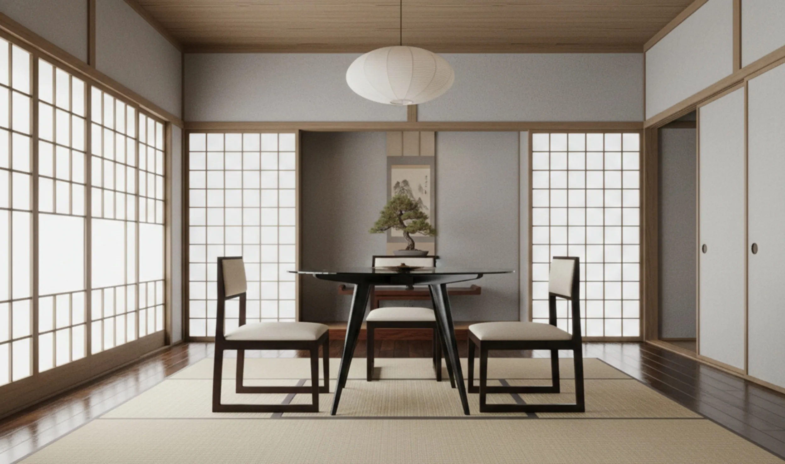 Антикварный обеденный стол на четыре человека в минималистичной обстановке.