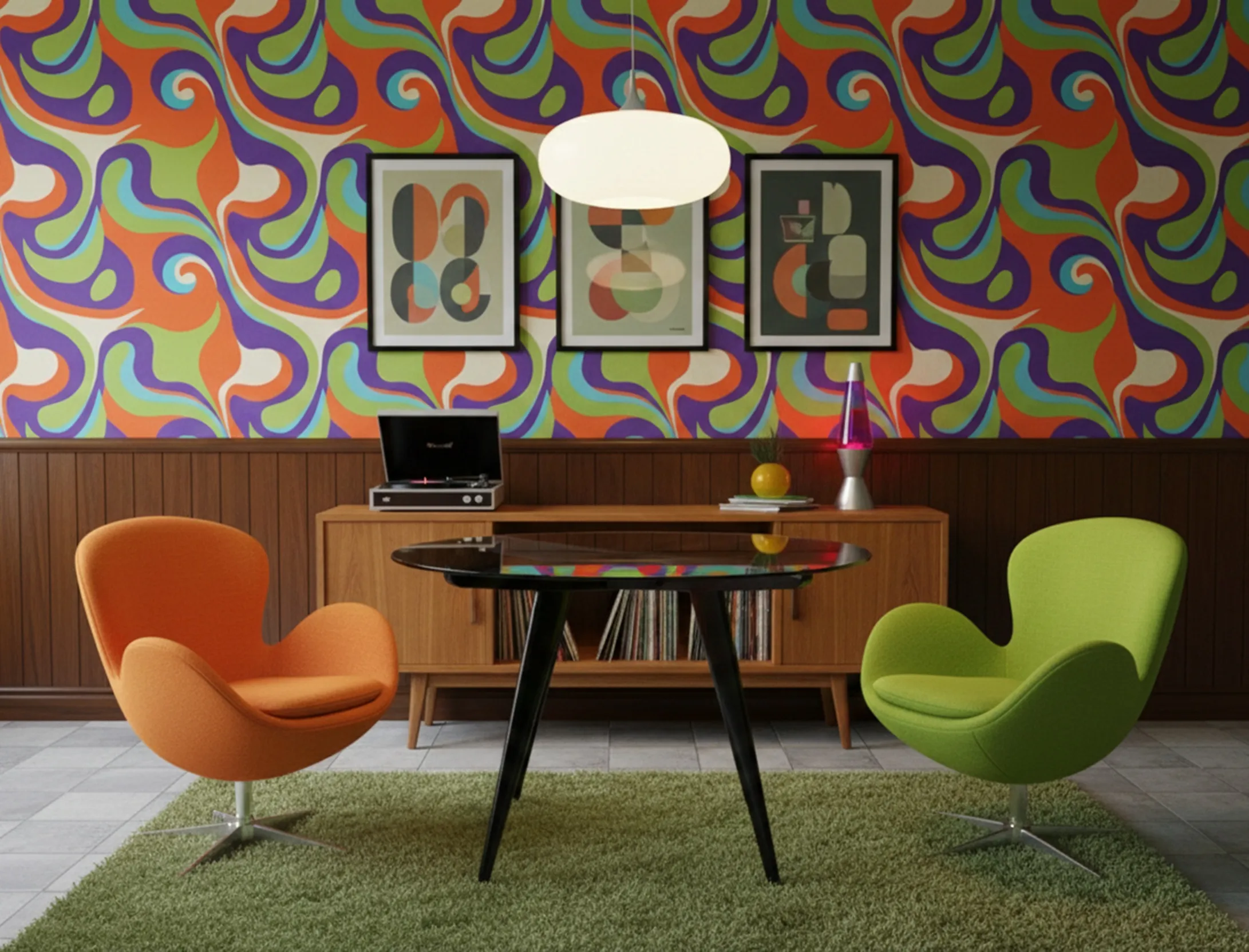 四人的古餐桌在色彩缤纷的环境中。