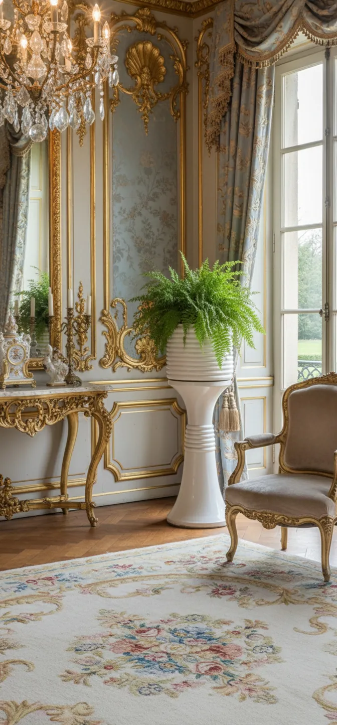 antiker Blumentopf mit grünen Pflanzen in eleganter Umgebung