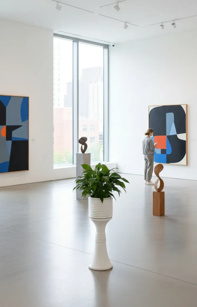 weißer blumentopf mit grüner pflanze in einem modernen galeriebereich