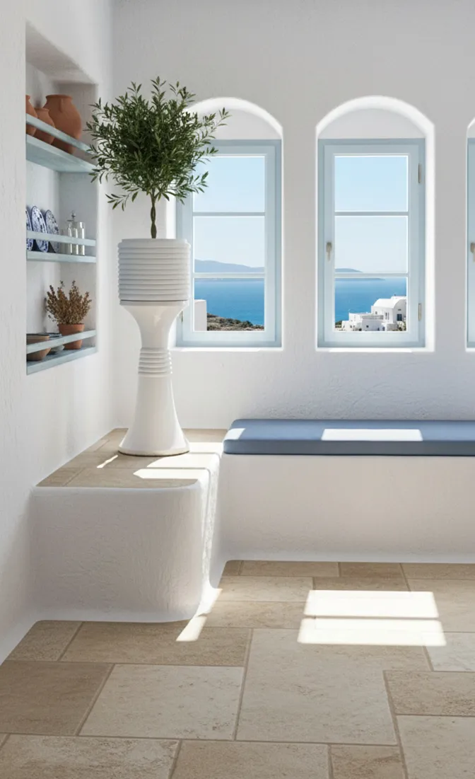 planteiro antigo branco com planta verde, interior iluminado