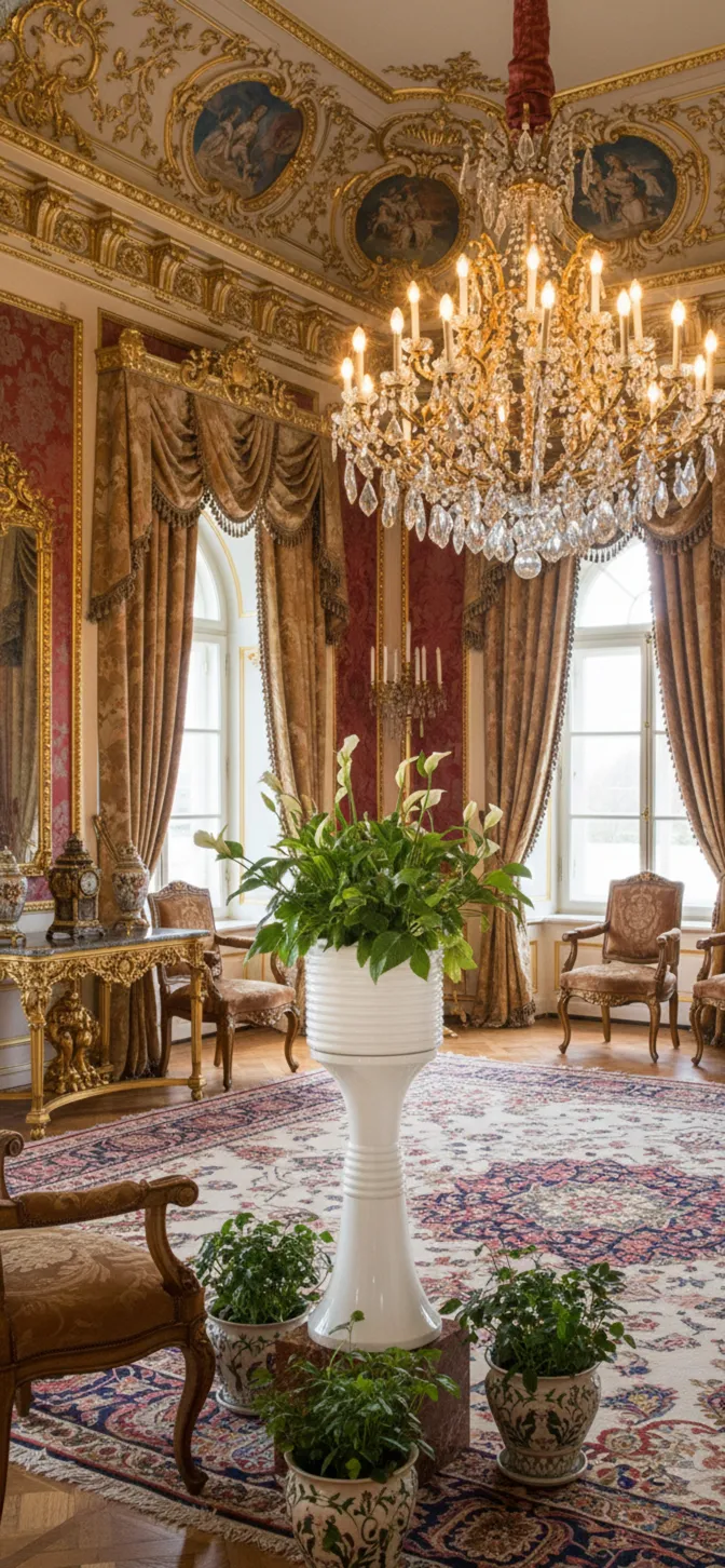 macetero antiguo blanco con plantas verdes en un entorno elegante