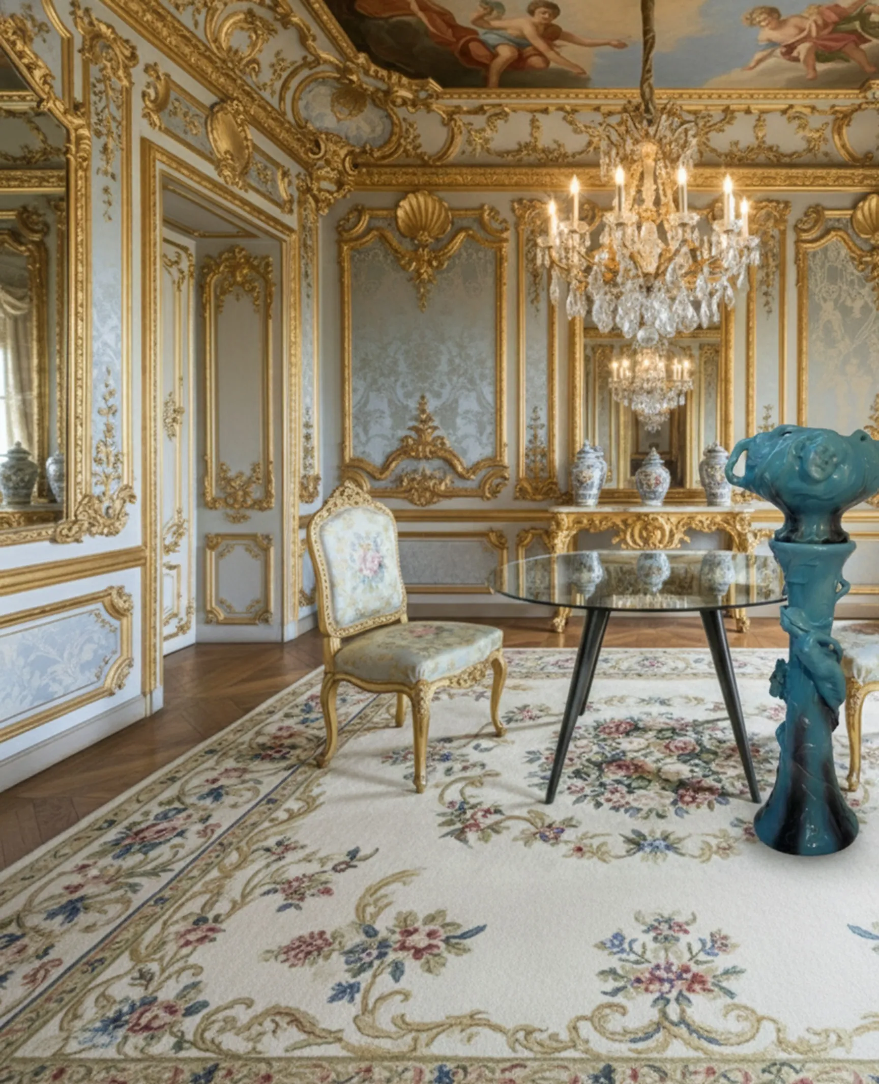 vase di fiori antico decorativo in una stanza elegante con un lampadario