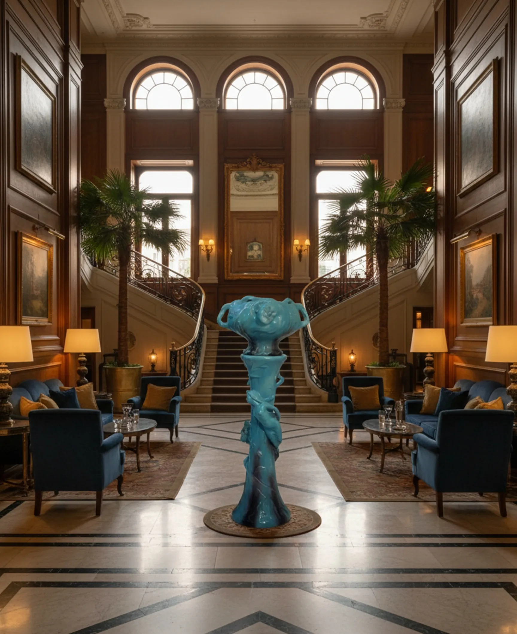 antiker blauer blumentopf in einer eleganten inneneinrichtung