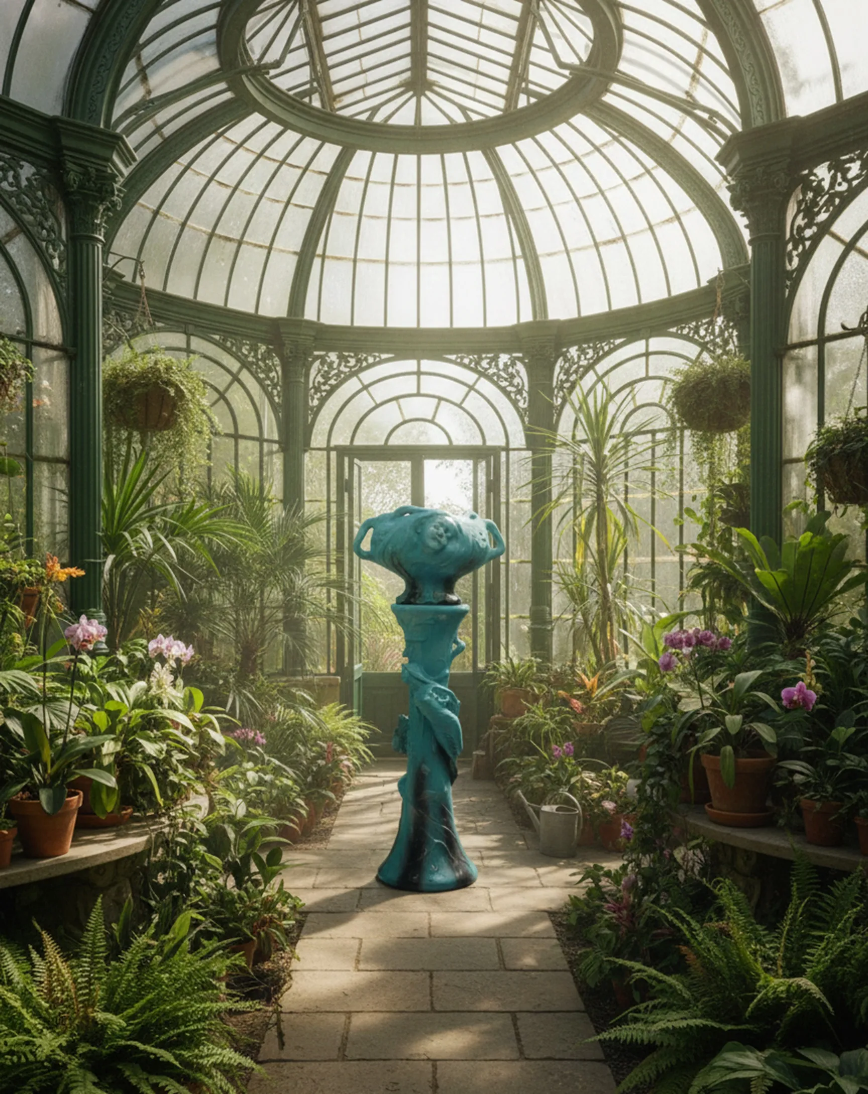 Glänzender antiker Blumentopf in einem Gewächshaus voller Pflanzen