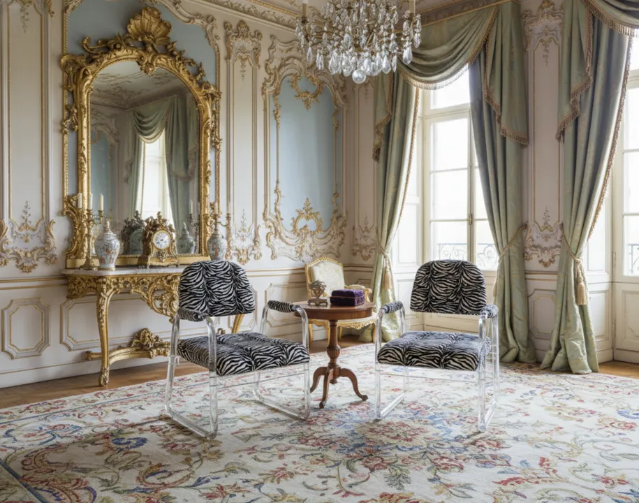 Duas poltronas antigas art deco com design listrado em um ambiente elegante.