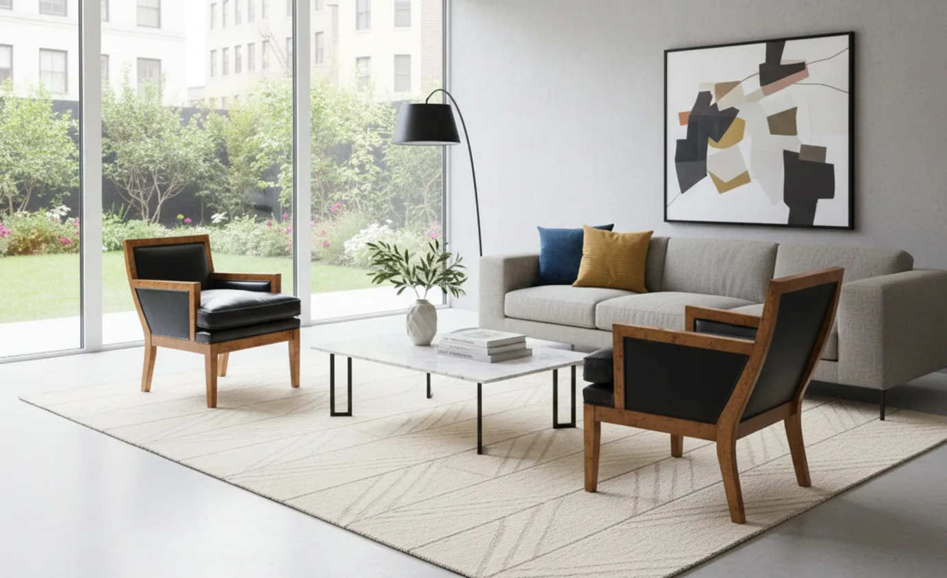 Two antique armchairs in a bright living room environment.