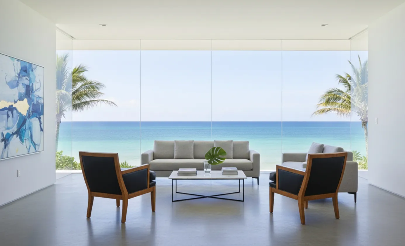 Vista elegante di una stanza con 2 poltrone antiche e vista mare