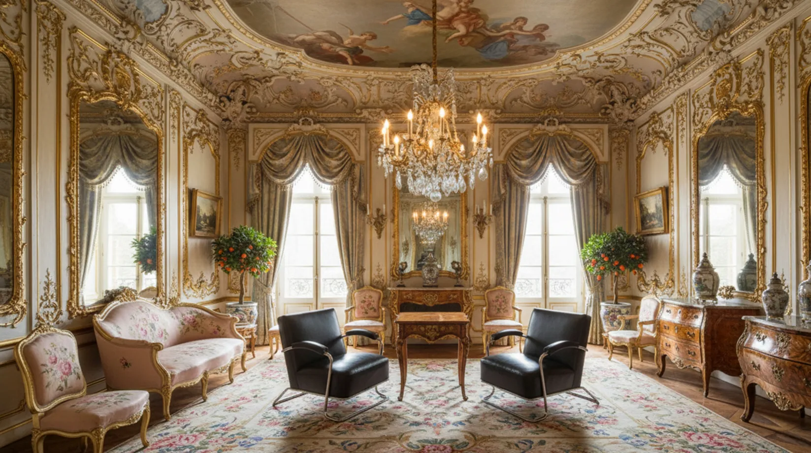 2 antique armchairs in an elegant vintage setting with art deco decor