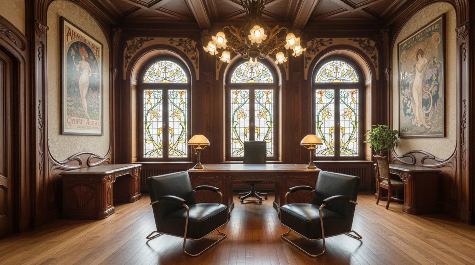 우아한 사무실에 있는 두 개의 앤티크 아트 데코 의자와 다채로운 창문