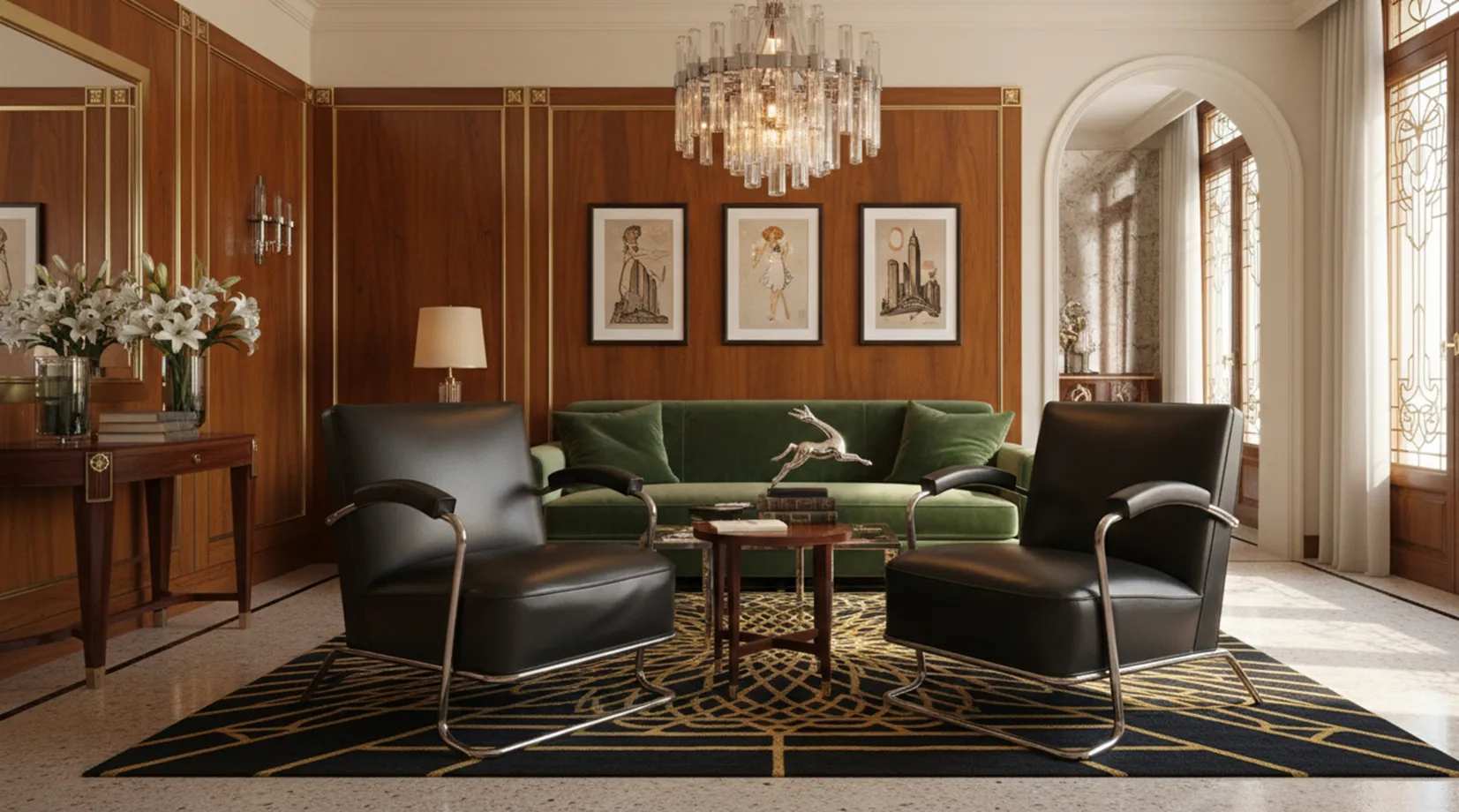 Deux fauteuils anciens art déco dans un cadre élégant avec lampe et fleurs