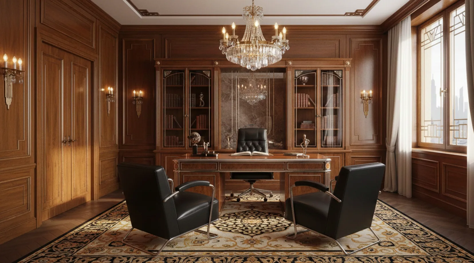 2 black antique armchairs in an elegant office with a wooden desk