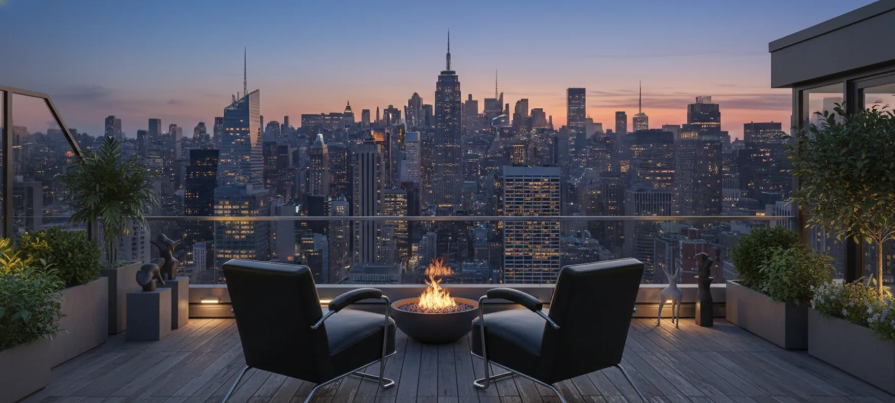 两把古董扶手椅在有城市景观的阳台上，四周是植物。