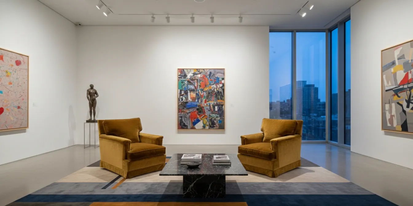 Dos sillones antiguos en una galería moderna, acompañados de arte abstracto.