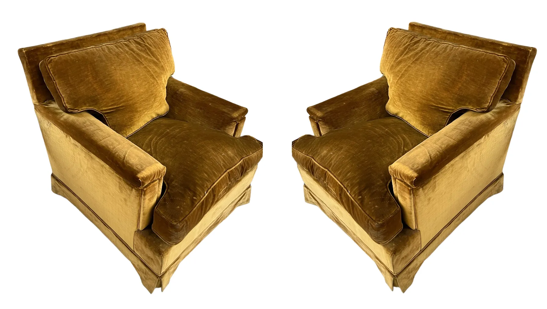 Two antique armchairs with cushions, ideal for restoration in a classic setting.