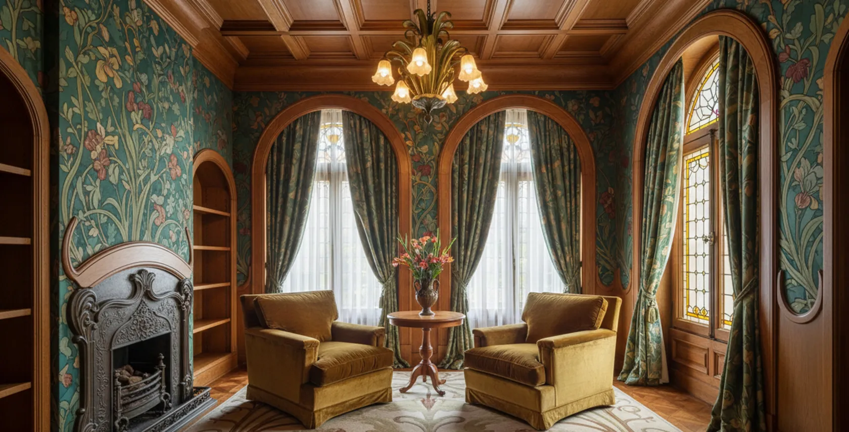 duas poltronas antigas mostarda em uma sala com cortinas decorativas