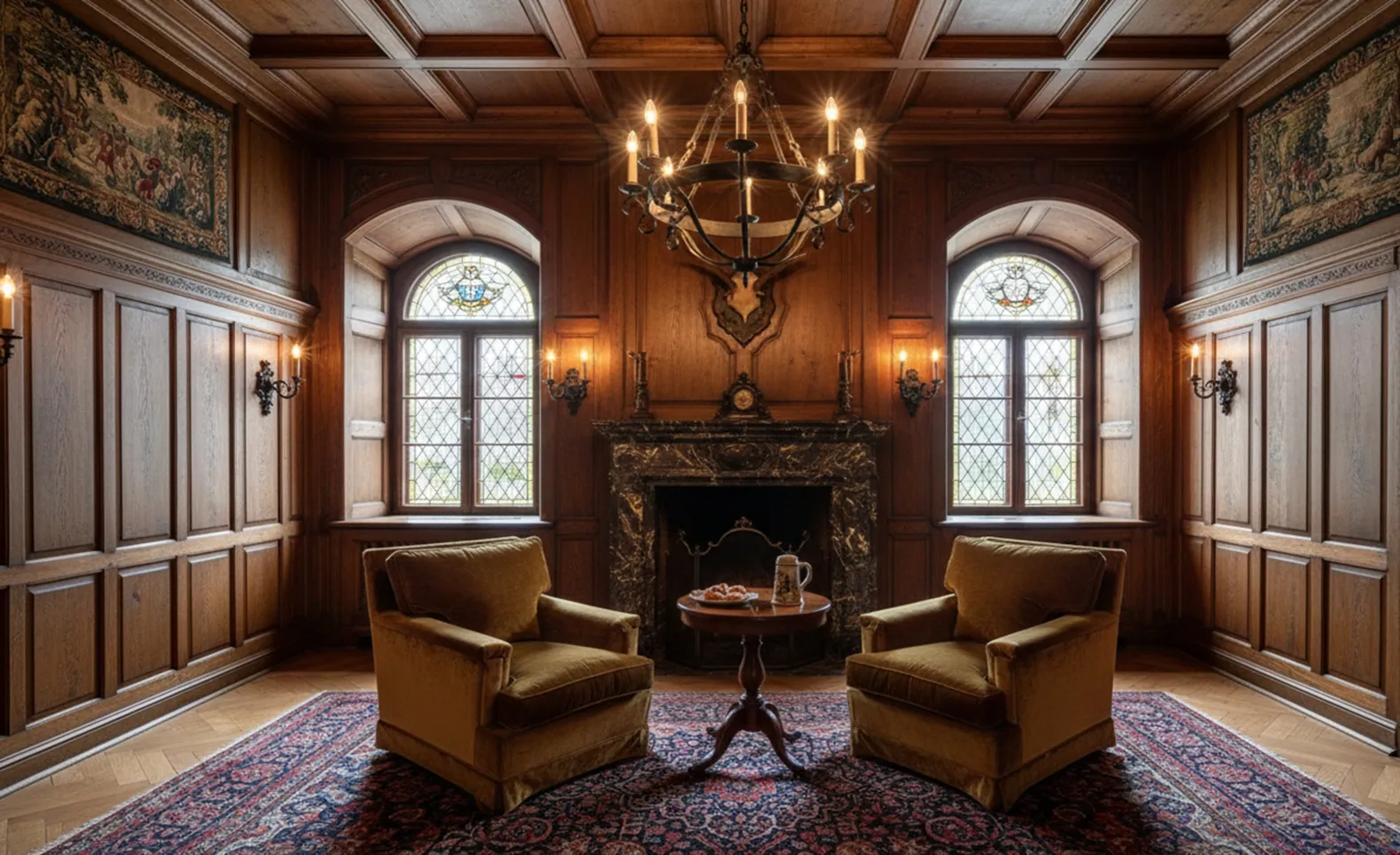 修復が必要な古いアームチェア2脚、暖炉とシャンデリアのある部屋