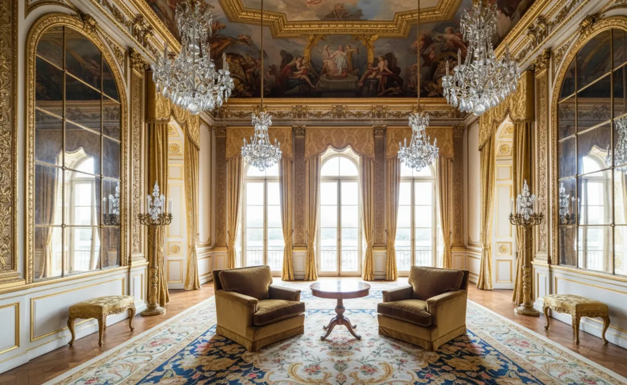 dos sillones antiguos en una sala con candelabros y riqueza decorativa