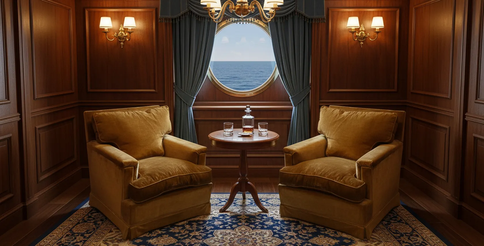 Two antique mustard armchairs in an elegant living room, next to a small table