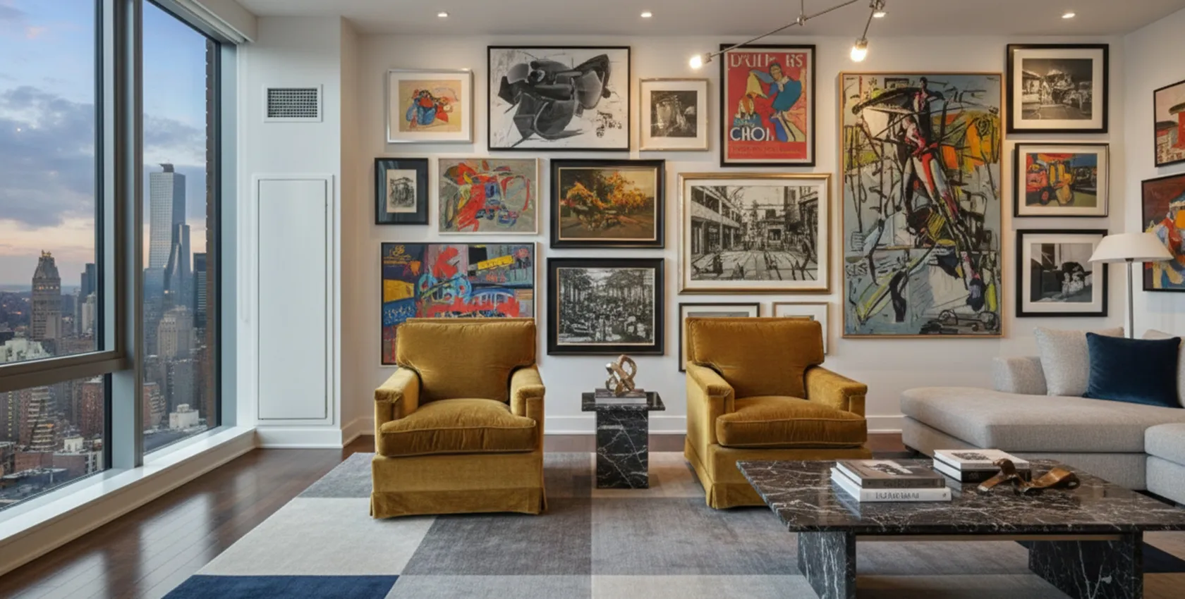 zwei antike Sessel in einem modernen Wohnzimmer mit Kunst