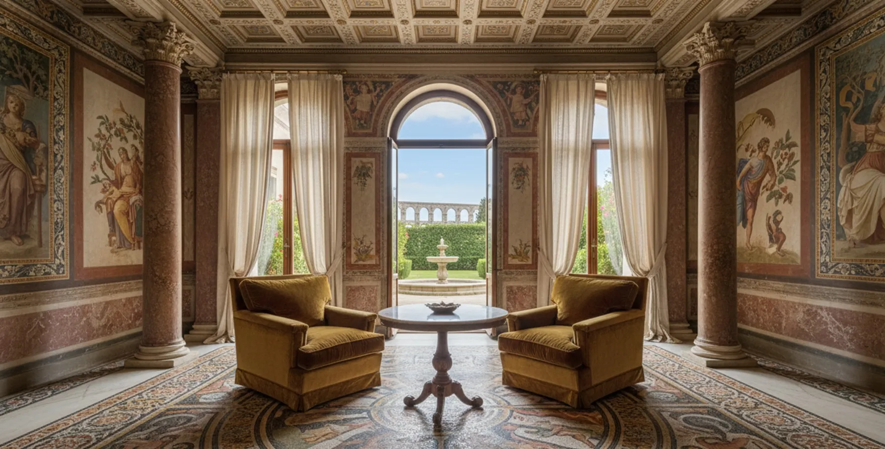 два антикварных кресла горчичного цвета с столом в элегантной обстановке.