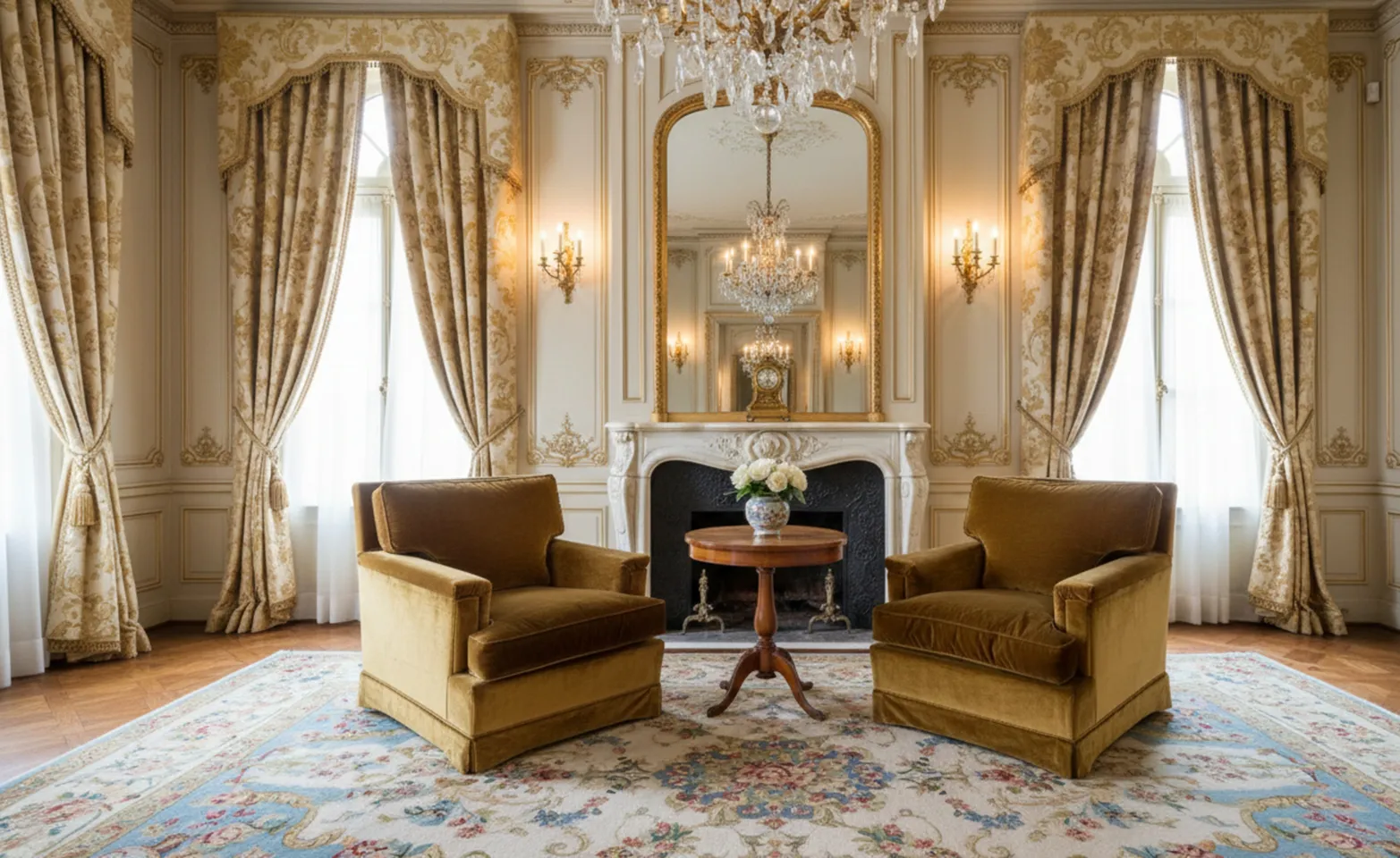 两张古董扶手椅摆放在装饰华丽的客厅中，光线柔和。