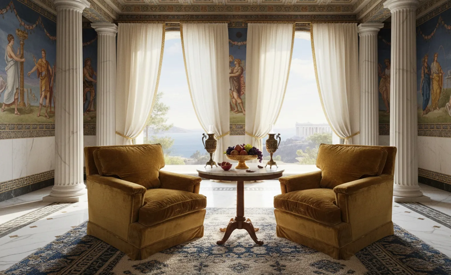 Due poltrone antiche in stile Art Deco in un ambiente elegante con tende bianche e un'atmosfera accogliente.