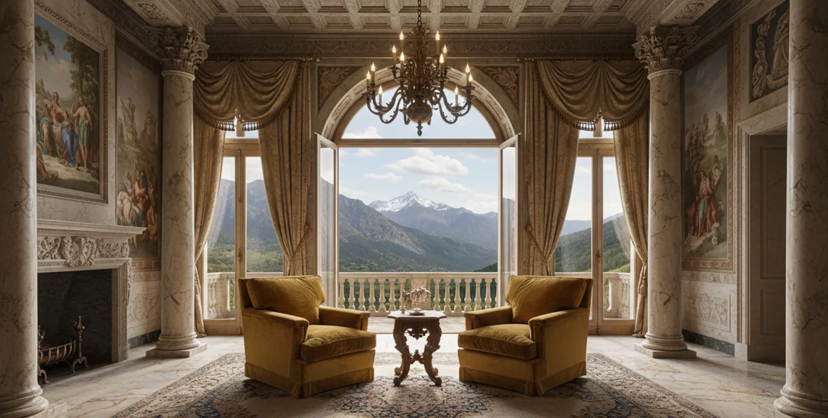 duas poltronas amarelas antigas em uma bela sala com vista para as montanhas, decoradas com cortinas elegantes