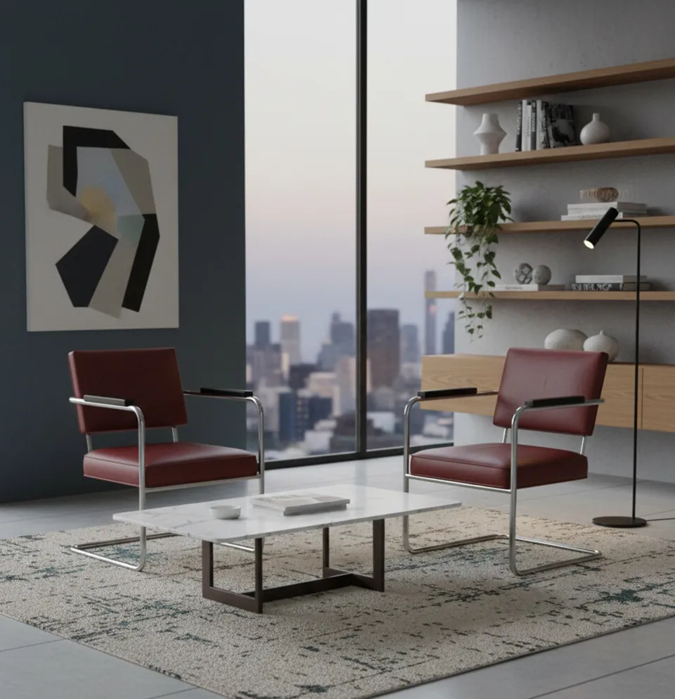 Due poltrone antiche dal design minimalista in un ambiente moderno.