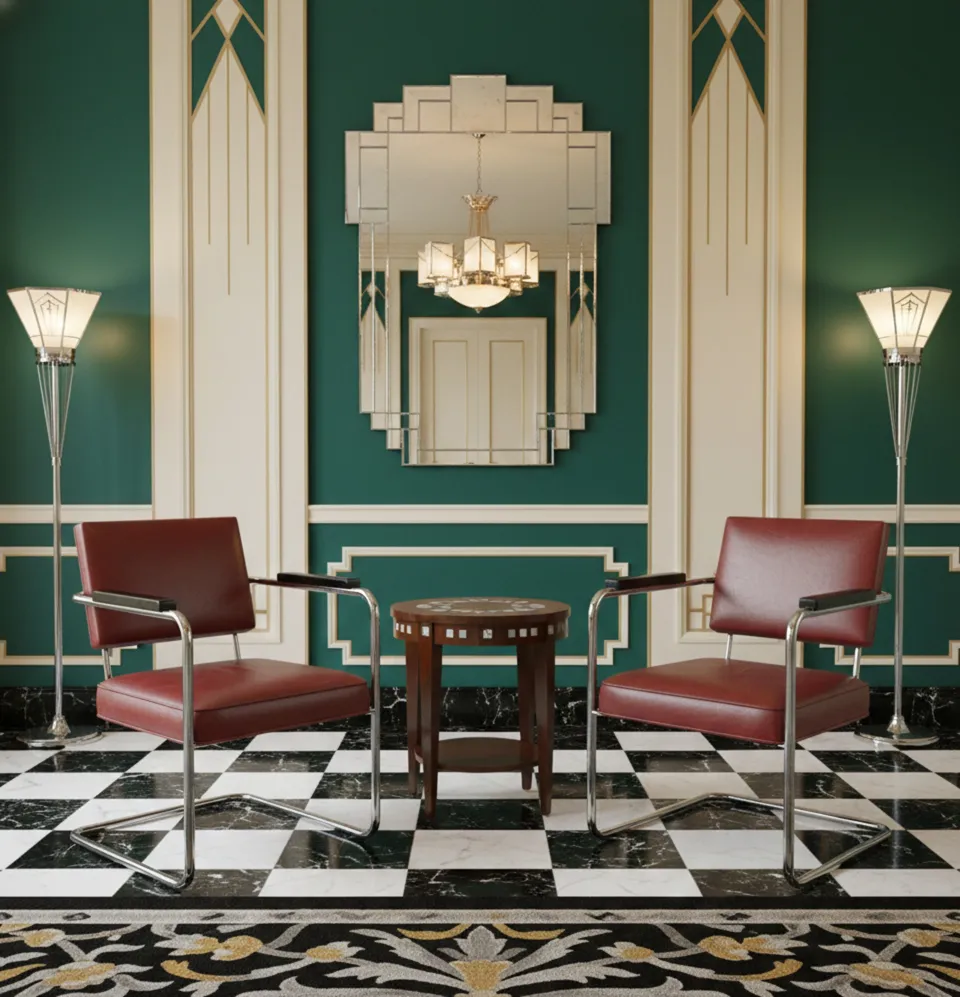 Deux fauteuils anciens à restaurer dans une ambiance élégante avec un miroir et des lampes