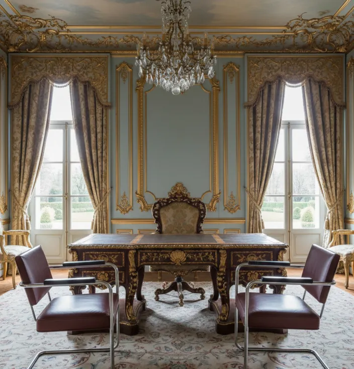 Two antique armchairs needing restoration in an elegant room with classic decor.