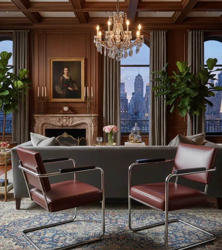 Deux fauteuils anciens marron dans une pièce élégante avec chandelier