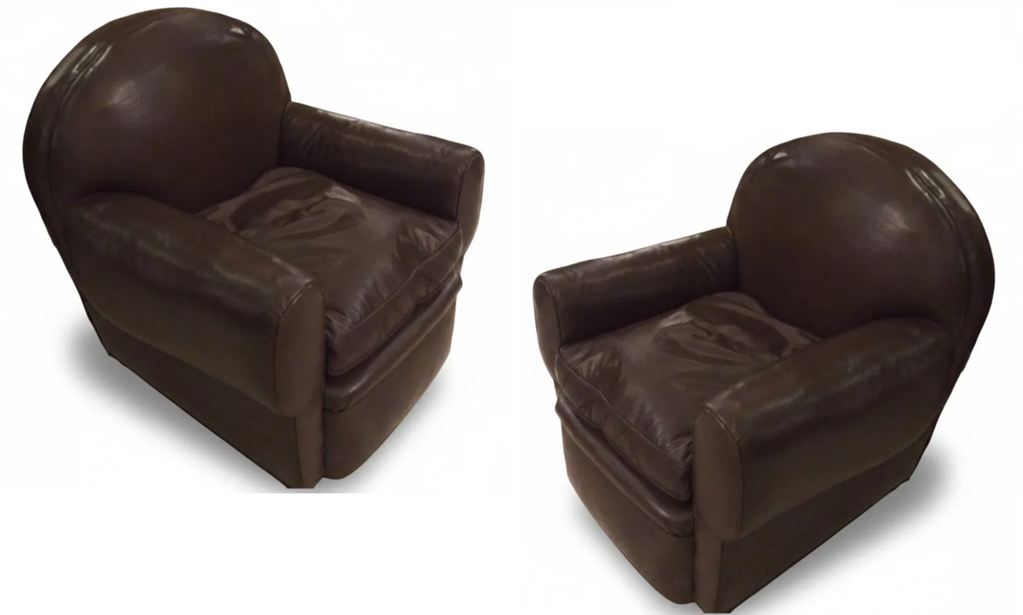 Two antique armchairs in brown tones needing restoration.