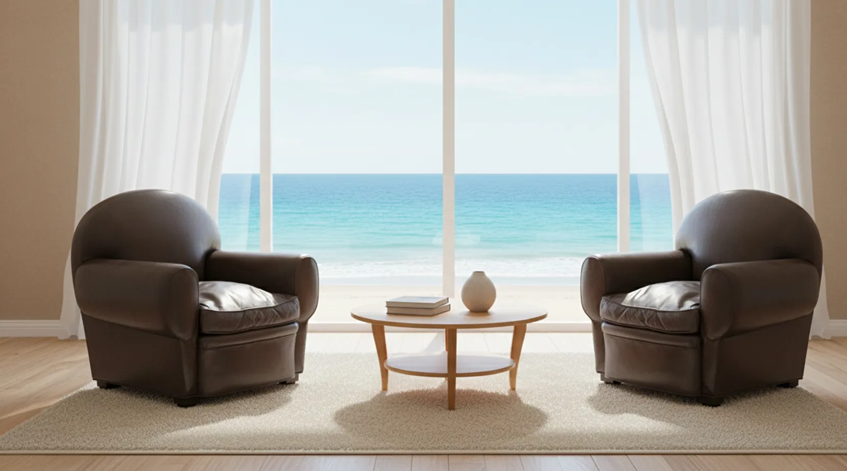 Deux fauteuils anciens de Ruhlmann dans une pièce lumineuse avec vue sur la mer.