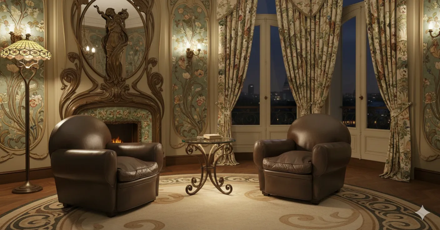 duas poltronas antigas em uma sala de estar elegante com espelho e lâmpada