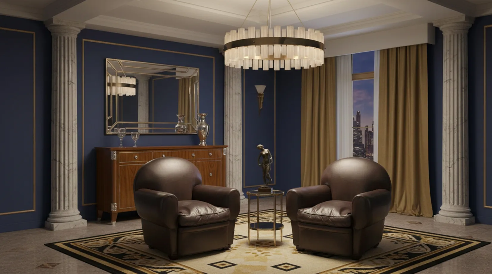 Two antique round armchairs in an elegant living room, with ambient details.