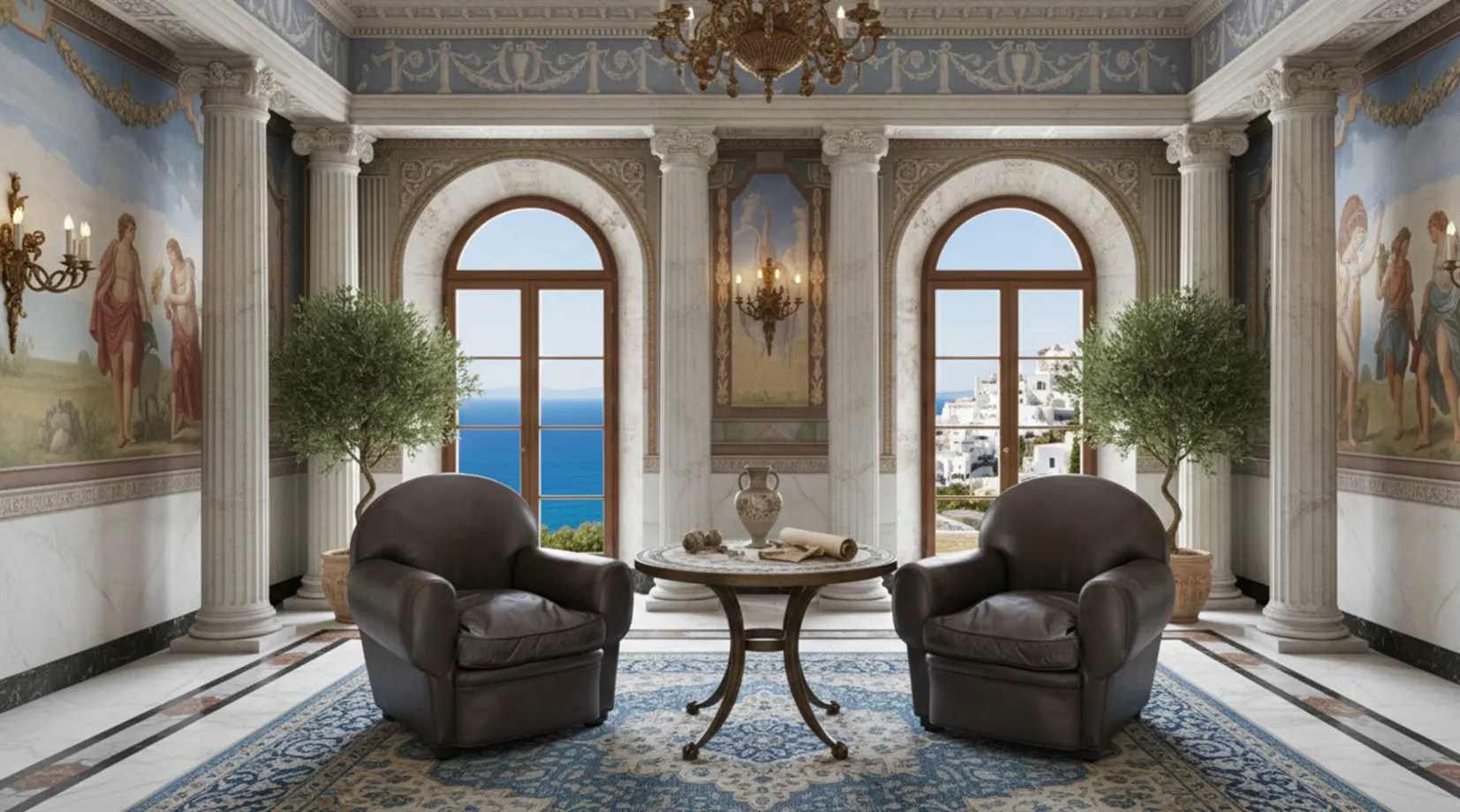 dos sillones antiguos para restaurar en un salón elegante con vista al mar